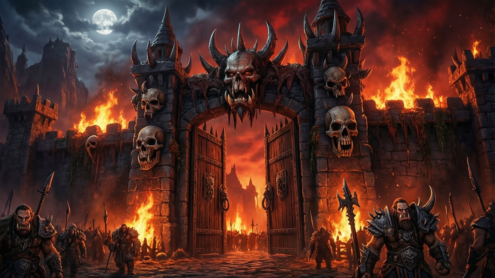 Orgrimmar Night Vigil 壁紙 — 一座燃燒的惡魔堡壘大門，裝飾著頭骨和角，在血月下若隱若現，裝甲戰士向前行進。