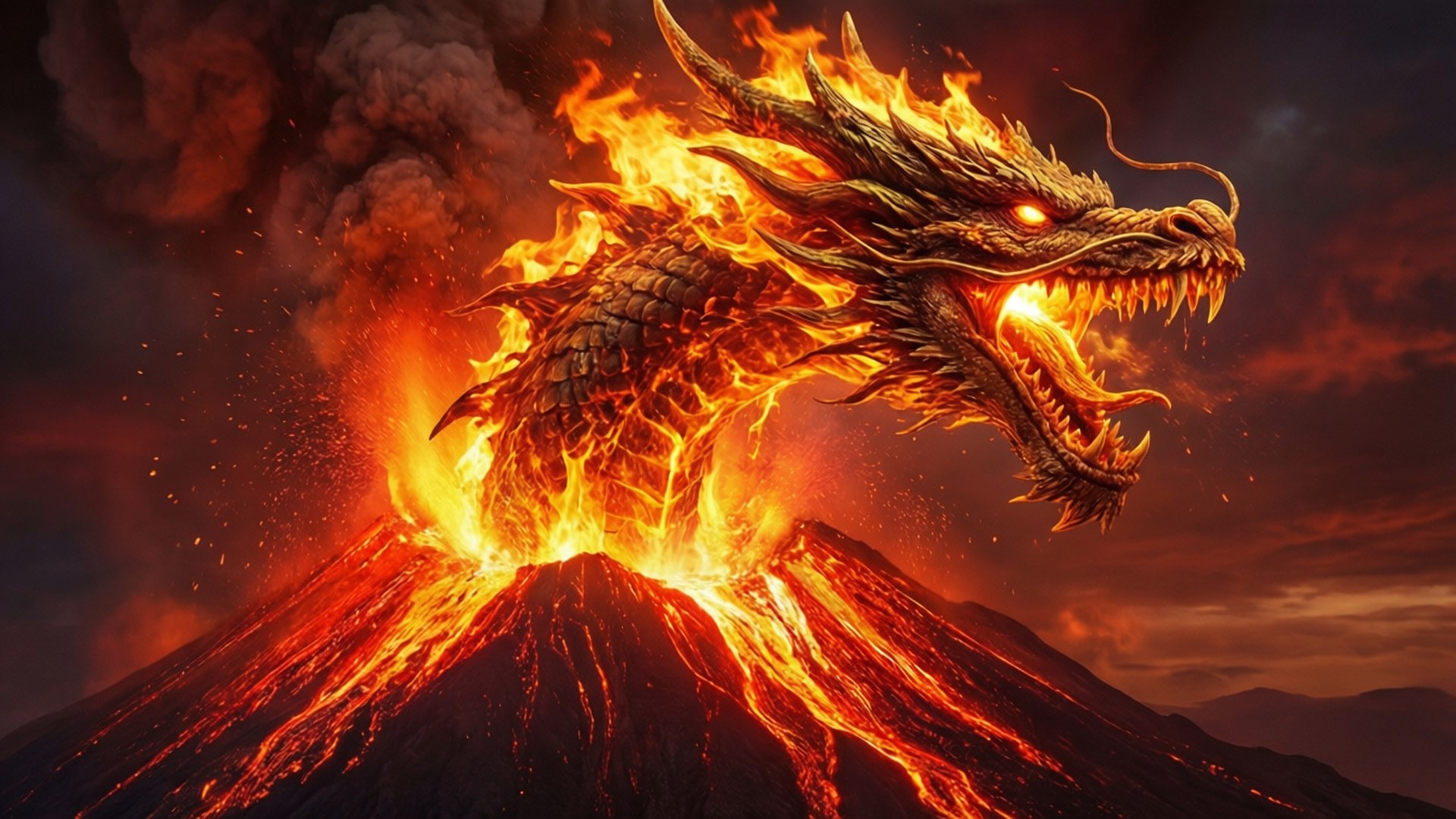 Volcanic Fury 壁紙 — 一條火龍從火山爆發中出現，眼睛發光，熔岩沿著山流下。