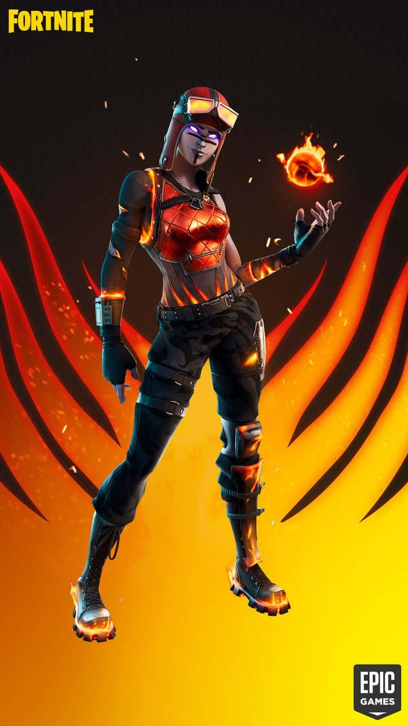 Fortnite 角色，擁有火焰翅膀和發光盔甲，漂浮在充滿活力的橙色和黑色背景中。 — Fortnite 壁紙