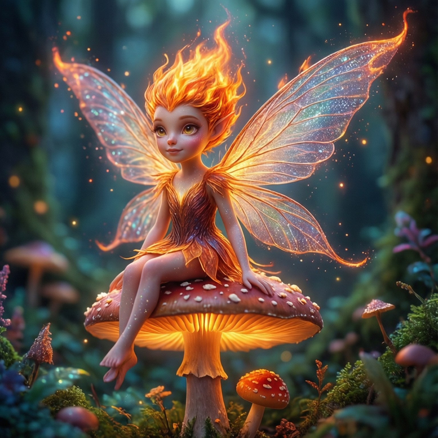 Fire Fairy in Forest 壁紙 — 一位火紅頭髮的仙女，帶著發光的翅膀，優雅地坐在神秘森林中一顆發光的紅色蘑菇上。