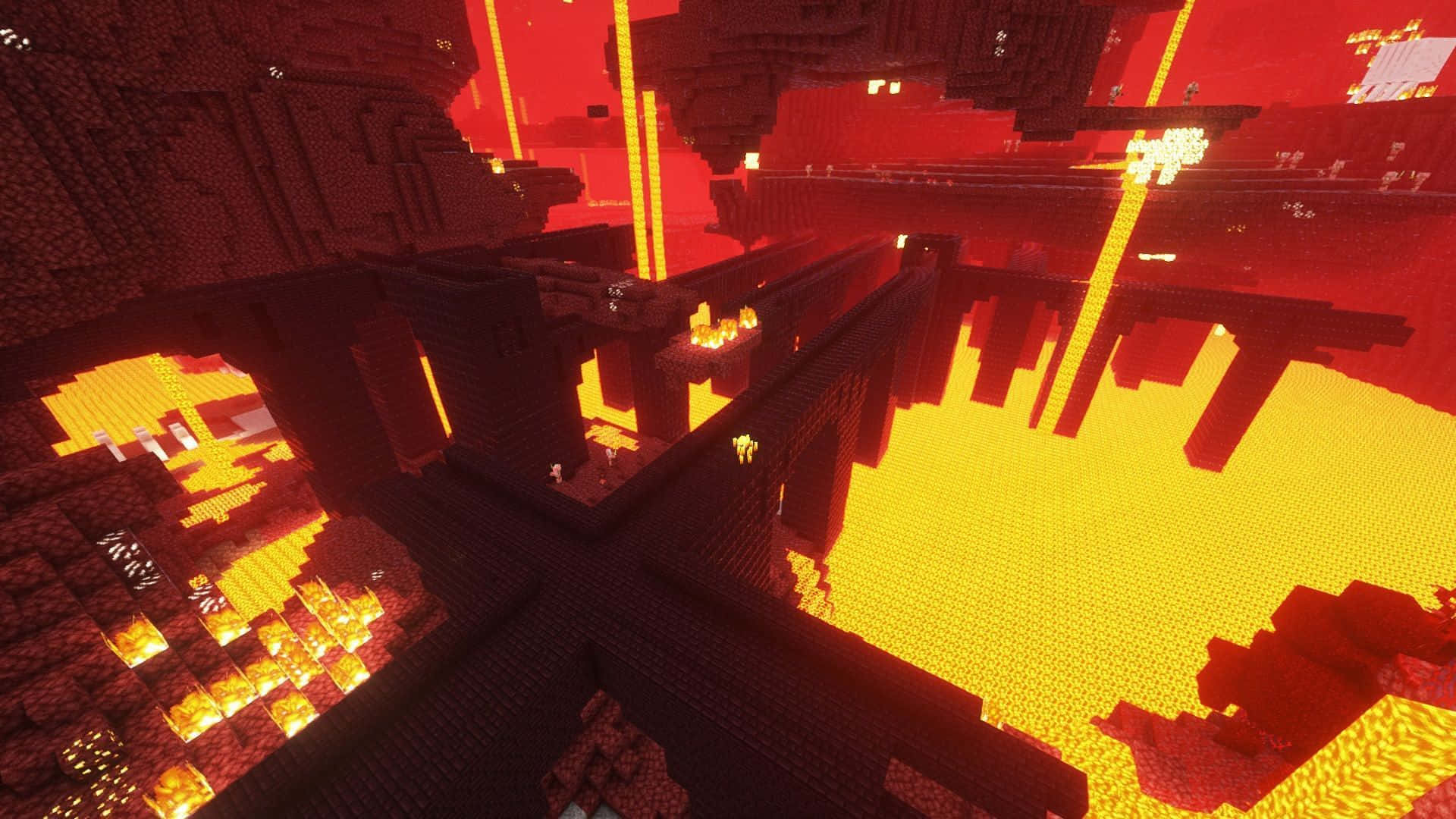  壁紙 — 一個熾熱的 Minecraft 地獄景觀，有發光的熔岩河流和漂浮的黑曜石結構，在深紅色的天空下。