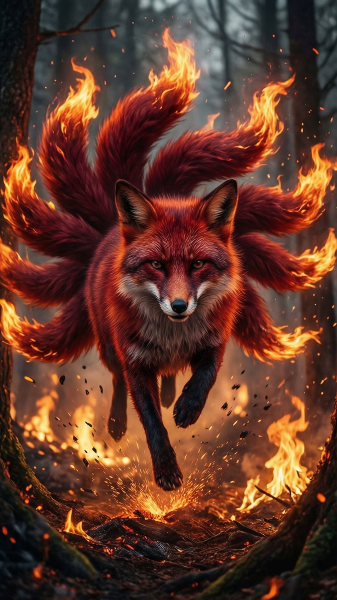 Blazing Forest Leap 壁紙 — 一隻火紅的九尾狐跳過燃燒的森林，發光的橙色火焰吞噬了牠的皮毛和周圍環境。