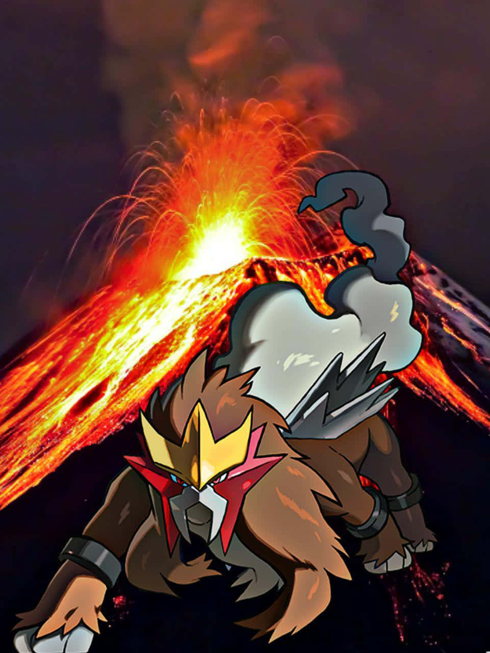一隻火屬性寶可夢站在火山爆發前，伴隨著熔岩和煙霧。 — Fire Emblem Warriors 壁紙
