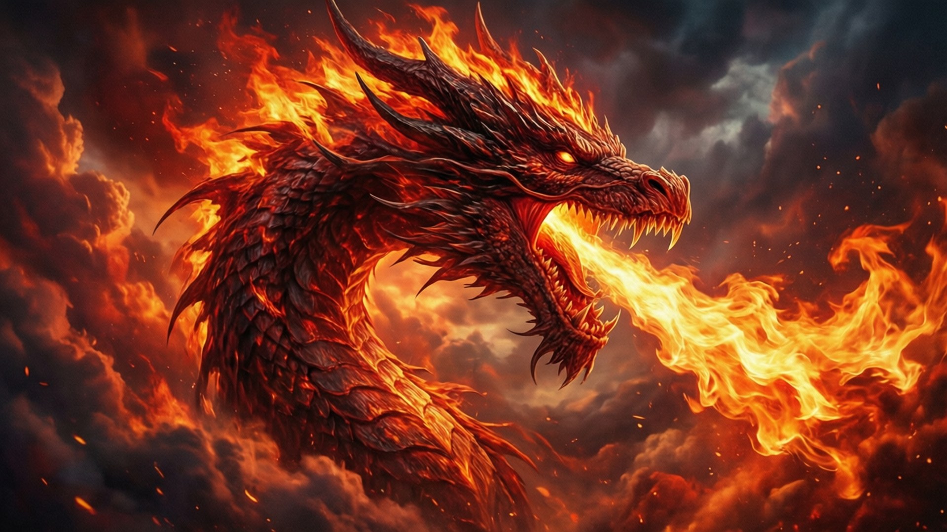 Fire-Breathing Dragon 壁紙 — 一隻火紅色的龍，眼睛發光，對著風暴般的橙色和黑色天空噴出強烈的火焰。
