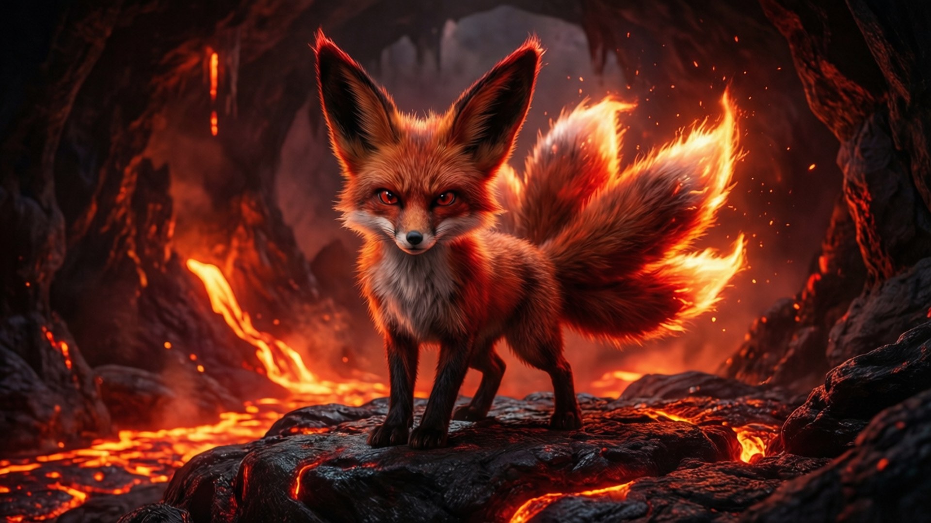 Volcanic Fennekin 壁紙 — 一隻火紅色的狐狸在黑暗的火山洞穴中，於發光的熔岩流之間的岩石地形上警覺地站立。