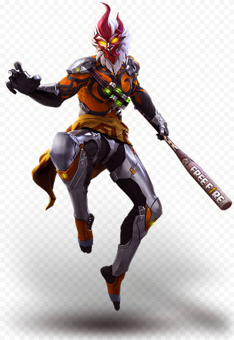 動漫戰士，紅色角和發光的眼睛，跳躍時手持棒球棍。 — Free Fire 壁紙