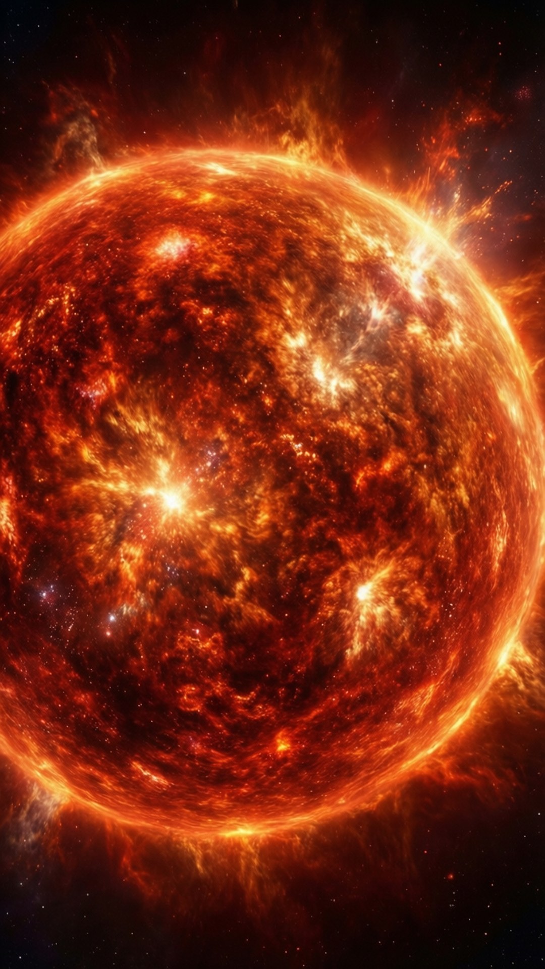 Star System 桌布 壁紙 — 一顆熾熱的太陽，在星羅棋布的宇宙背景下，噴發出熾熱的橙色和紅色等離子體。