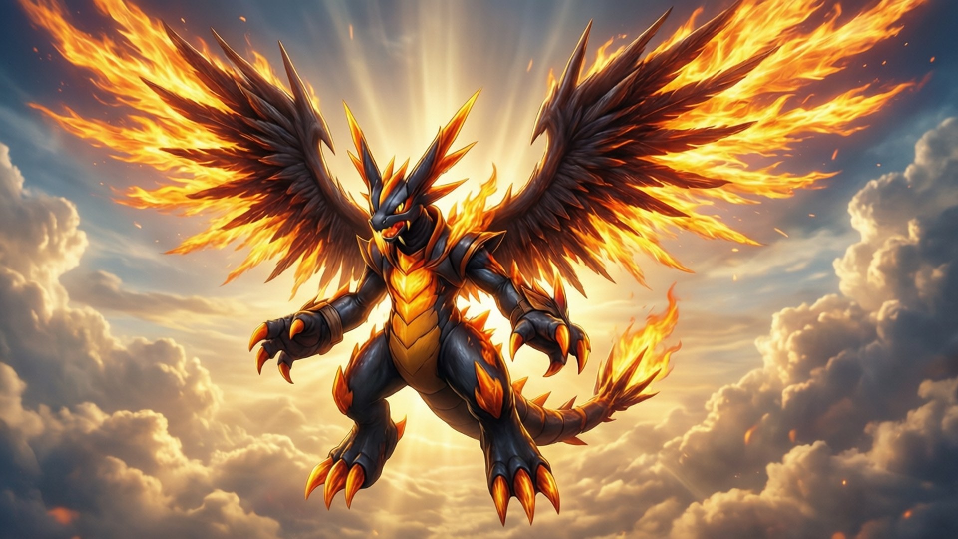 Mega Blaziken Fire Wings 壁紙 — 一隻火焰翅膀的飛龍在戲劇性的天空中翱翔，背後有陽光迸射而出。