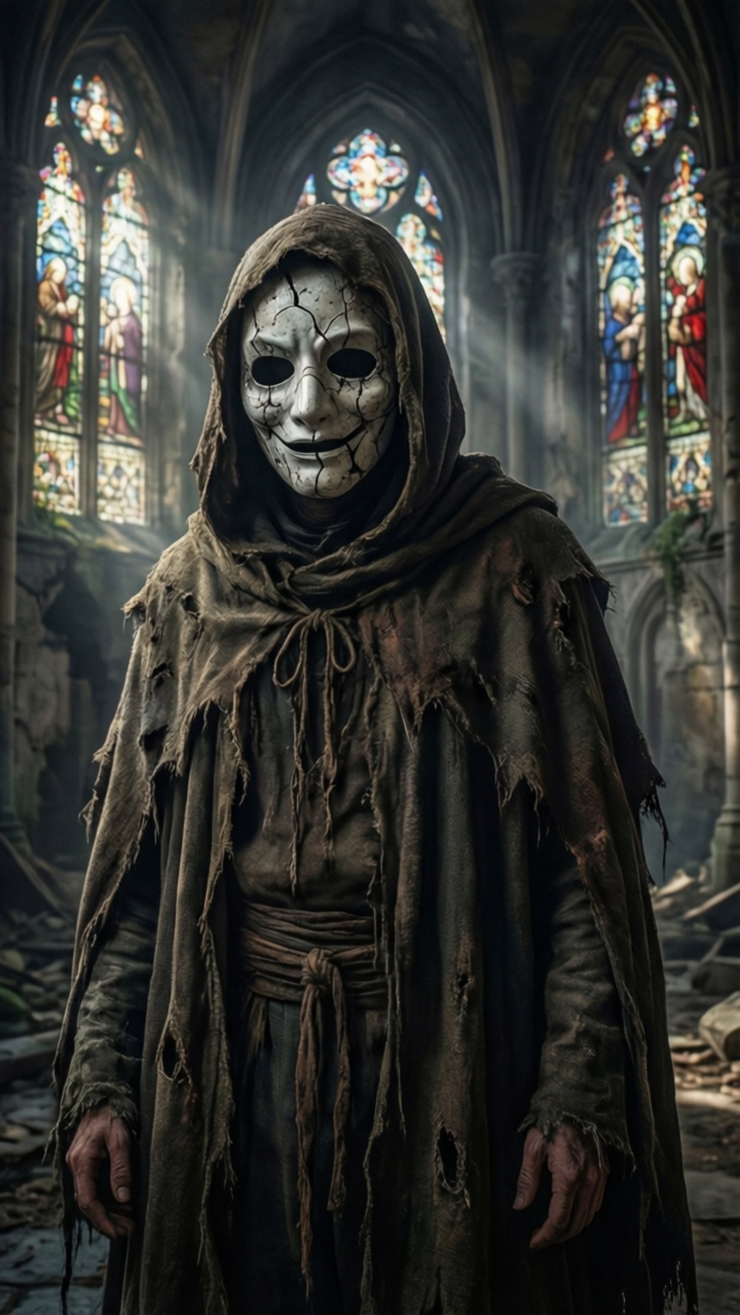 Leper's Lament 壁紙 — 一個戴著破裂白色面具、身穿破爛棕色長袍的人物，莊嚴地站在一座廢棄的大教堂中，彩色玻璃窗投射出彩色光線。