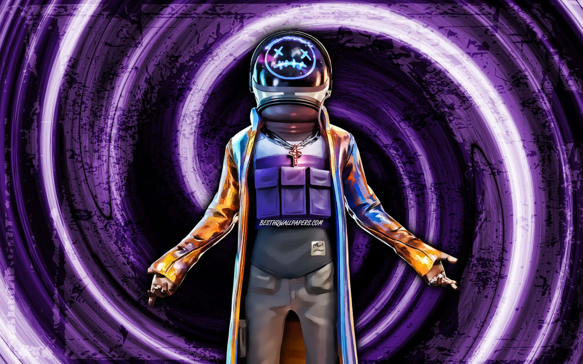 一個戴著發光頭盔的未來太空人在旋轉的紫色霓虹隧道中站立。 — Fortnite 壁紙