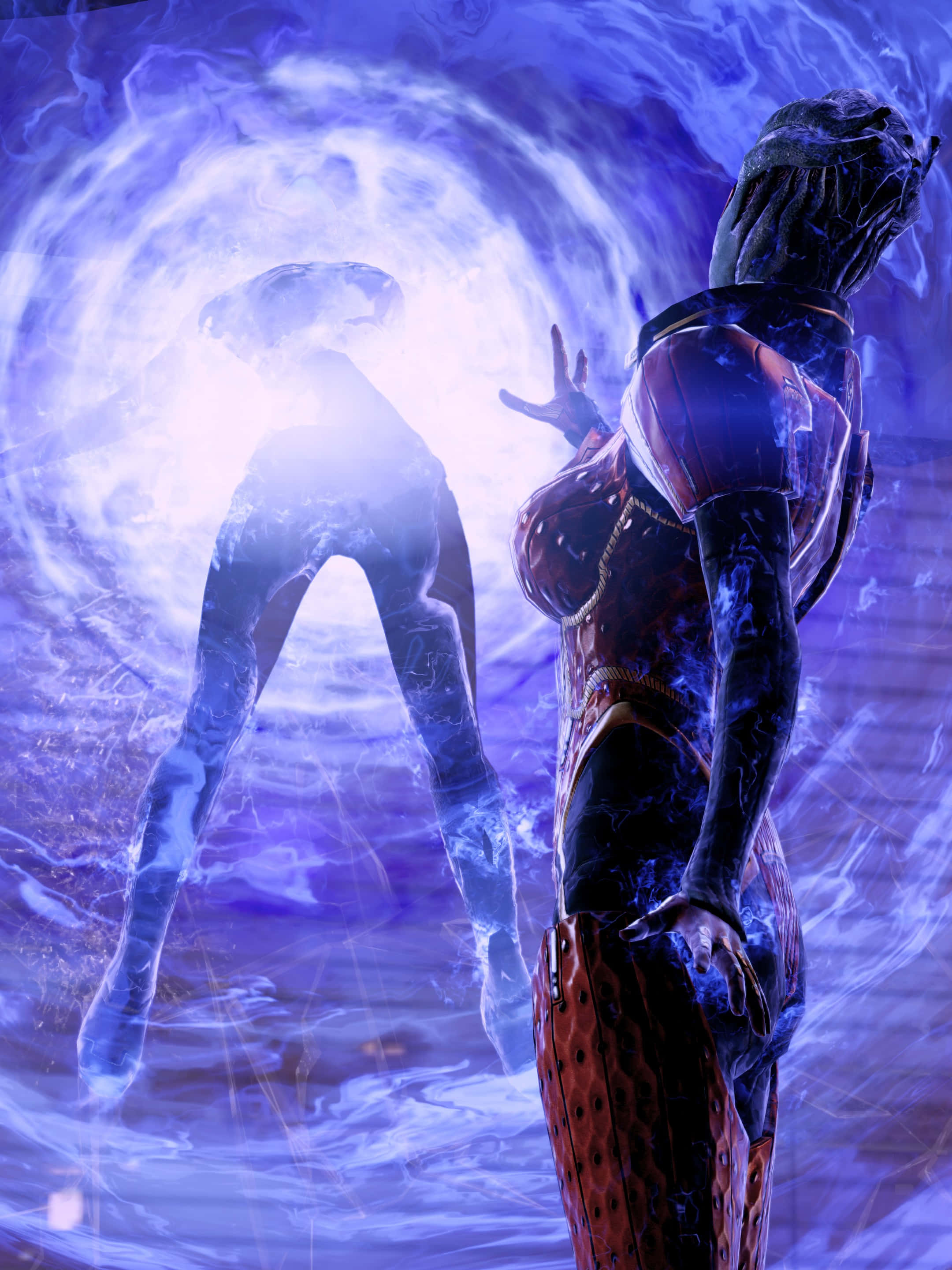 Mass Effect Samara 桌布 壁紙 — 一個身穿華麗盔甲的人物站在發光的藍色漩渦前，召喚出一個半透明的人形輪廓。