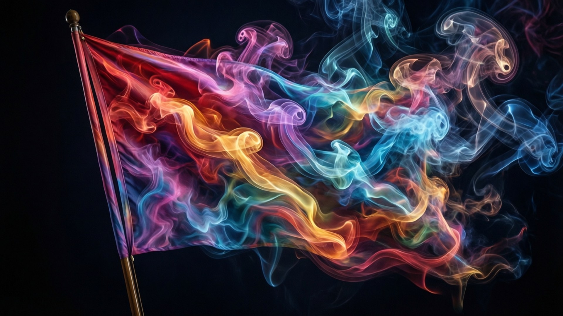 Smoke Flag Abstract 壁紙 — 由旋轉彩虹煙霧製成的旗幟在黑暗背景中飄揚。
