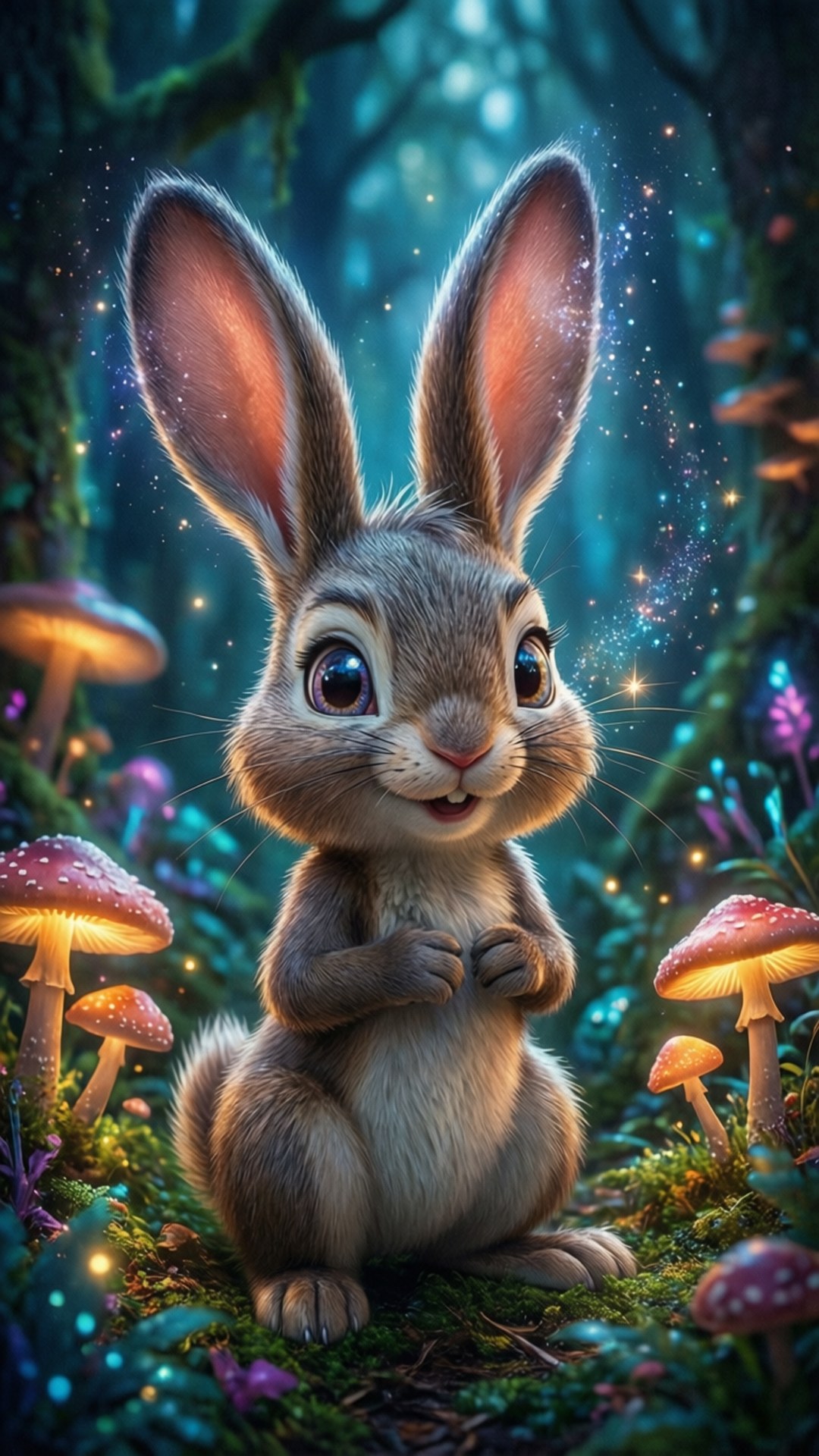 Magical Thumper Wonder 壁紙 — 一隻毛茸茸的棕色兔子，大眼睛，坐在發光的魔法森林中，周圍環繞著發光的蘑菇和閃爍的燈光。