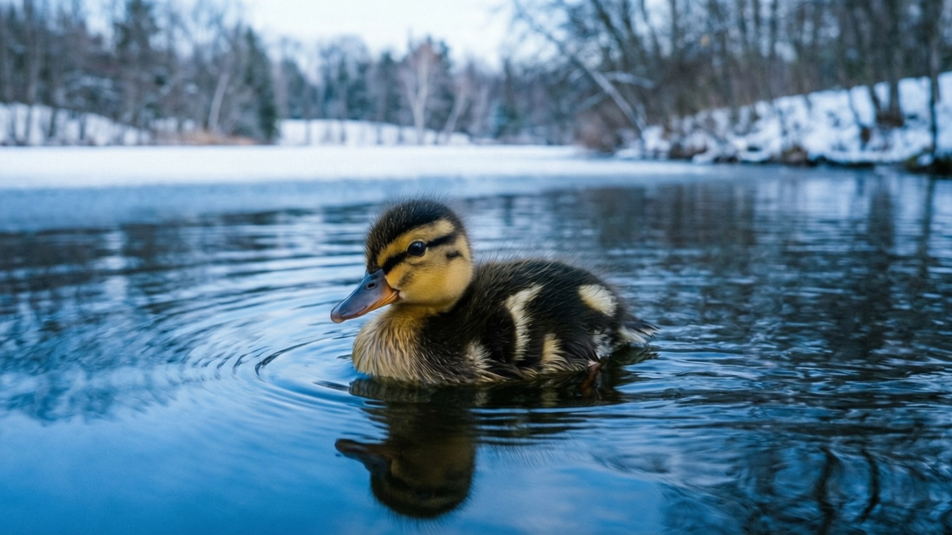 Winter Duckling 壁紙 — 一隻毛茸茸的小鴨，有黑色和黃色的羽毛，在平靜的藍色水中游泳，在雪覆蓋的海岸線附近產生漣漪。