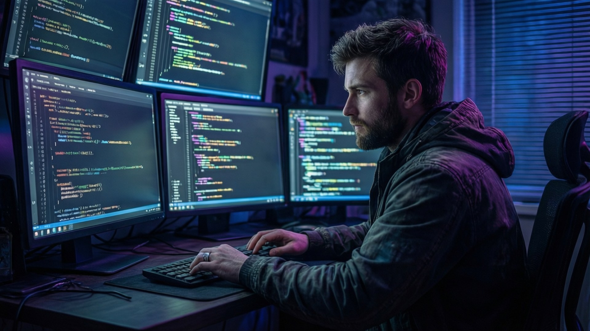 Coder's Night Setup 壁紙 — 一位專注的留鬍子程式設計師坐在辦公桌前，周圍環繞著多個顯示器，在昏暗的房間中顯示彩色程式碼，並帶有藍色和紫色的環境照明。