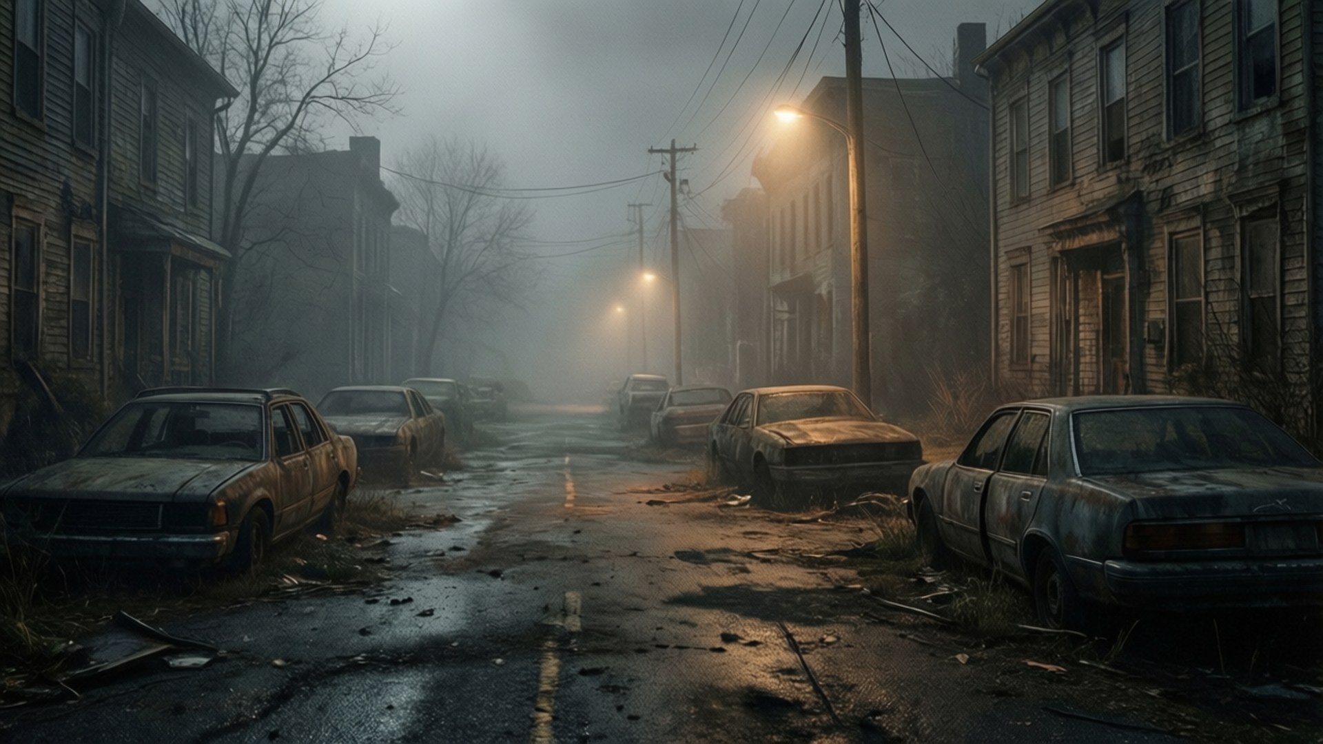 Foggy Silent Hill Street 壁紙 — 一條霧氣瀰漫的廢棄街道，兩旁是破舊的房屋和生鏽的汽車，在昏暗的路燈下。