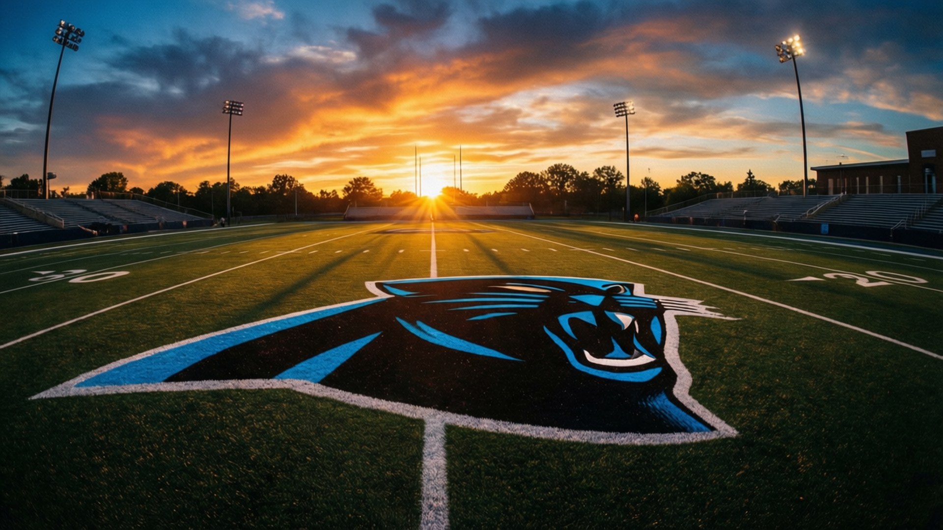 Panthers Logo at Sunset 壁紙 — 日落時分的足球場，草地上畫有一個大型藍色和黑色美洲豹標誌。
