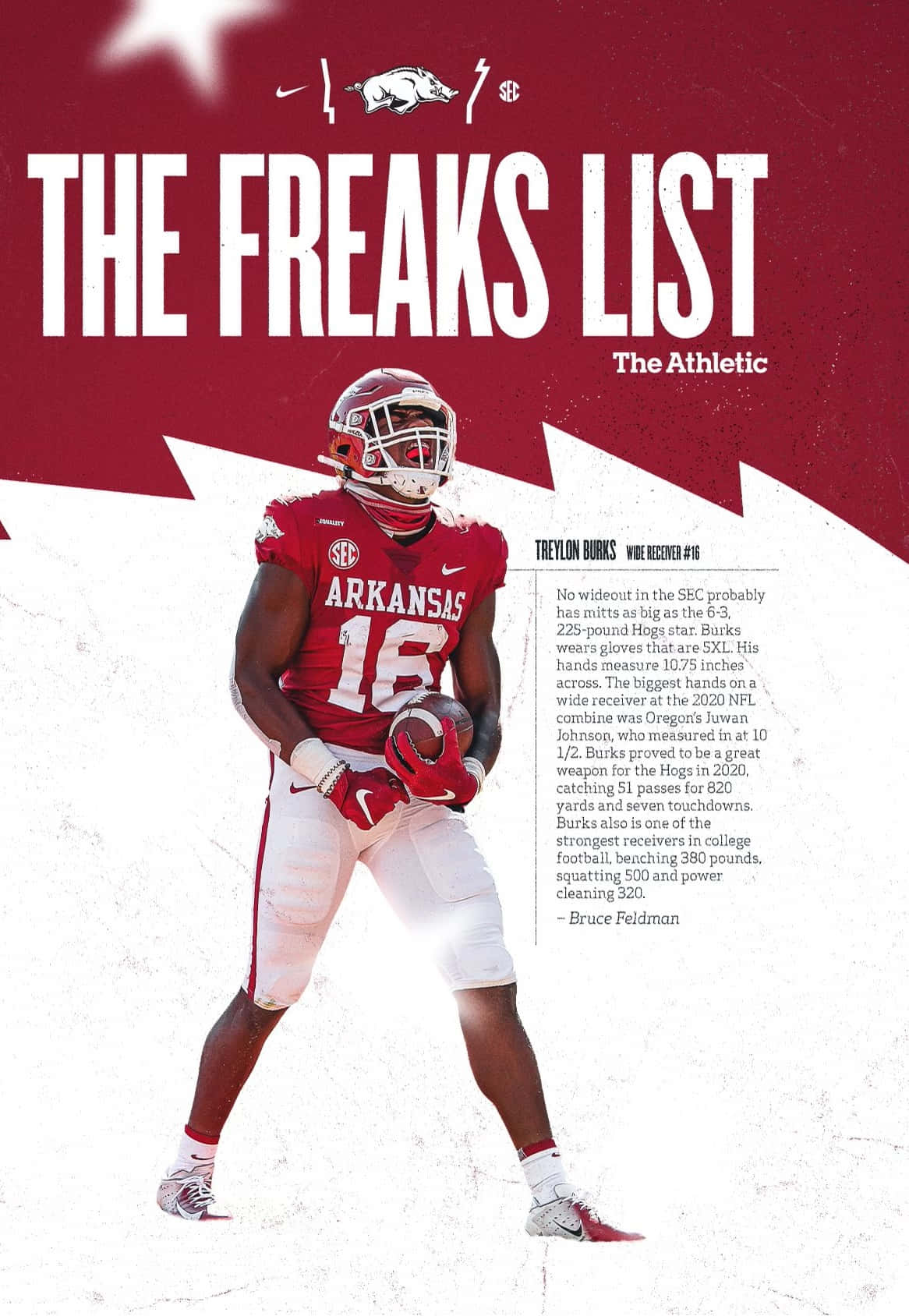  壁紙 — 一名穿著阿肯色剃刀鯨（Arkansas Razorbacks）裝備的美式足球員自信地站立，手持球，背景為大膽的紅白圖形設計。