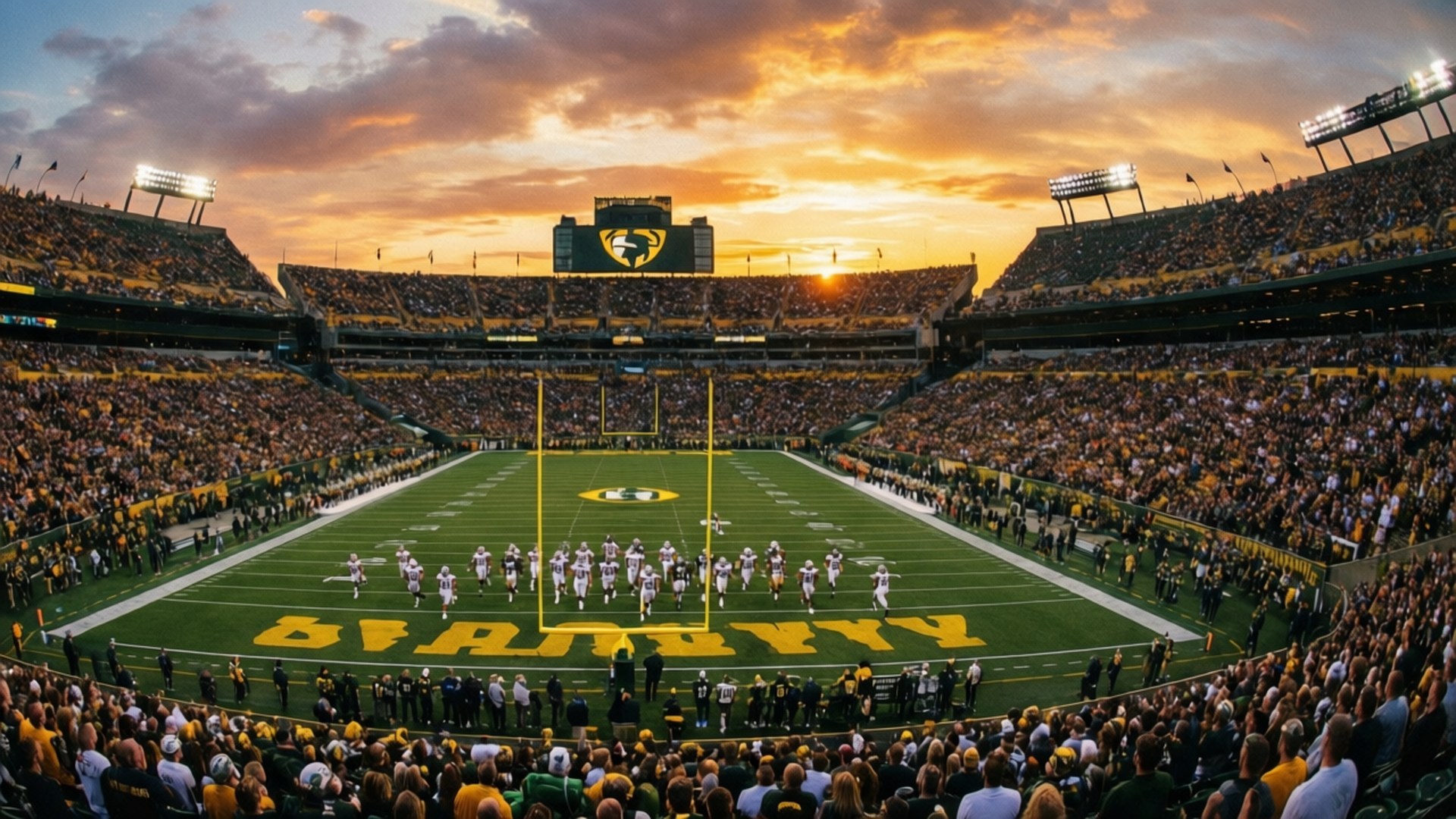 Lambeau Field Sunset 壁紙 — 日落時分的足球場，身穿綠色和金色服裝的球迷在歡呼，球員們在場上列隊。