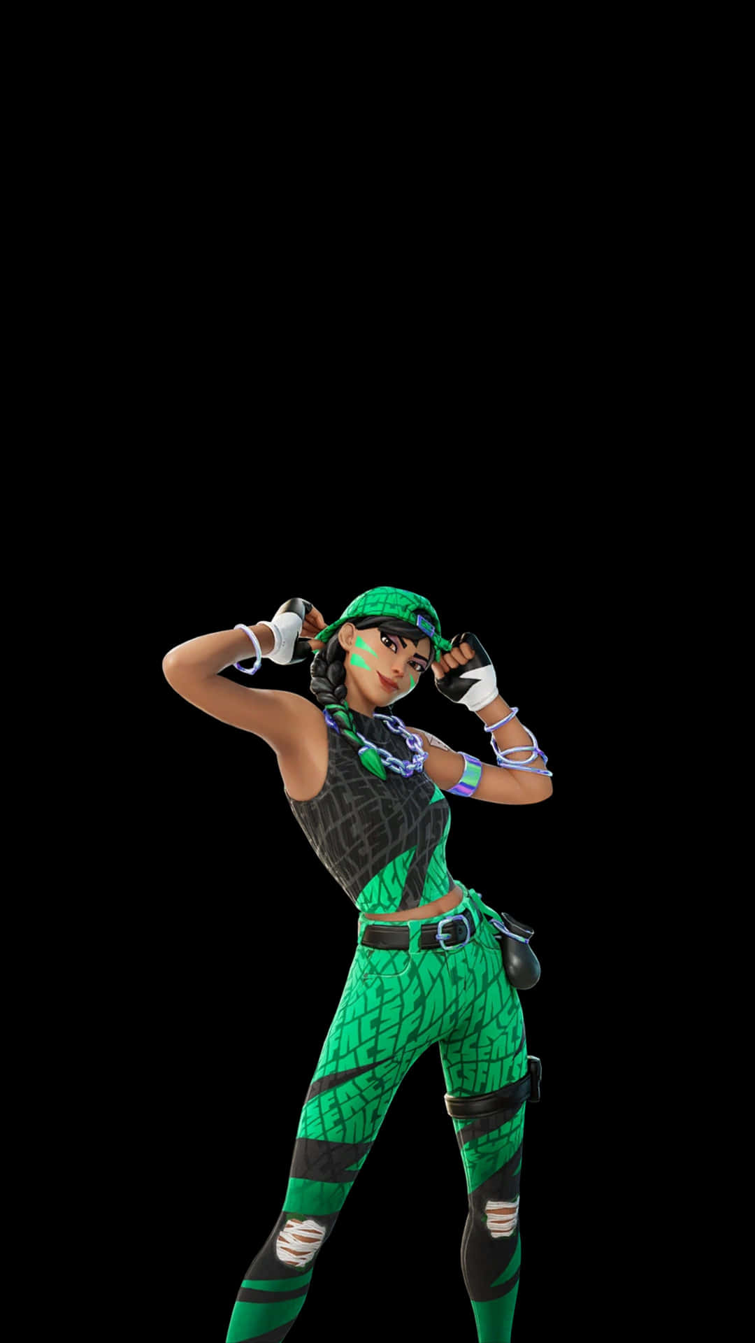  壁紙 — 一個穿著綠色和黑色服裝的Fortnite角色在黑色背景前自信地擺姿勢。