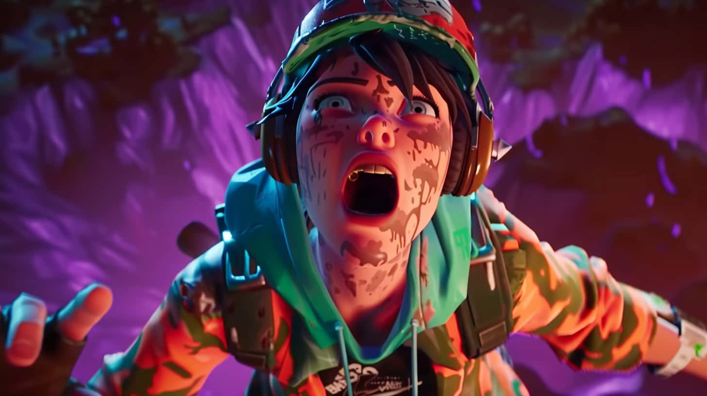  壁紙 — 一個表情驚恐的Fortnite角色，全身沾滿泥巴，在發光紫色洞穴背景下尖叫。