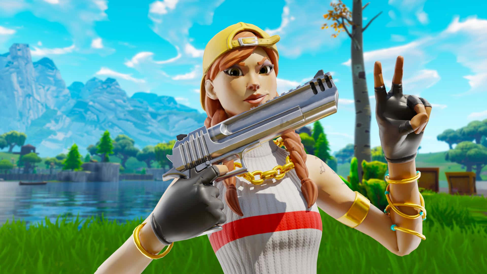 Fortnite角色在湖邊拿著手槍和和平手勢 — Fortnite 壁紙