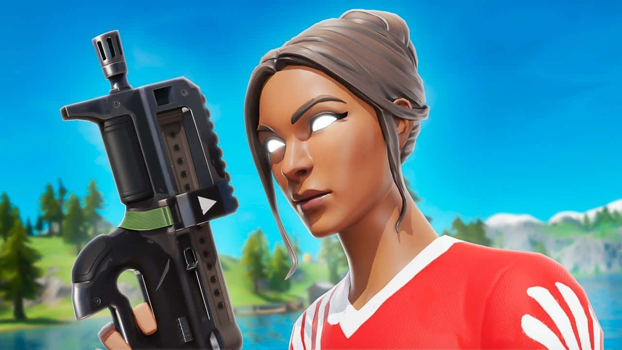  壁紙 — 一個眼睛發光的Fortnite角色在藍天、綠丘和水景前手持黑色武器。
