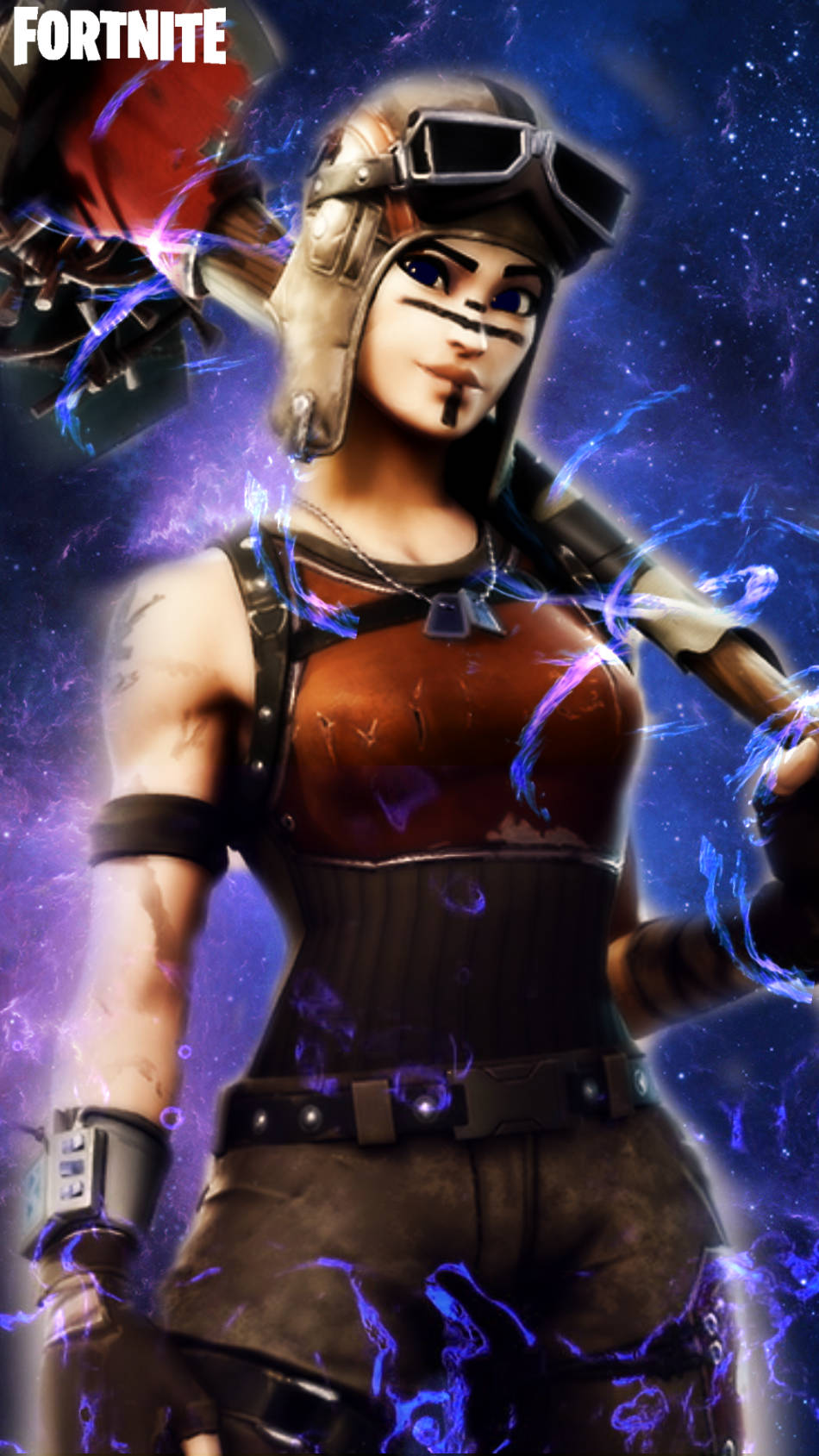 戴護目鏡和山羊鬍的Fortnite角色，在太空中被電藍色能量包圍。 — Fortnite 壁紙