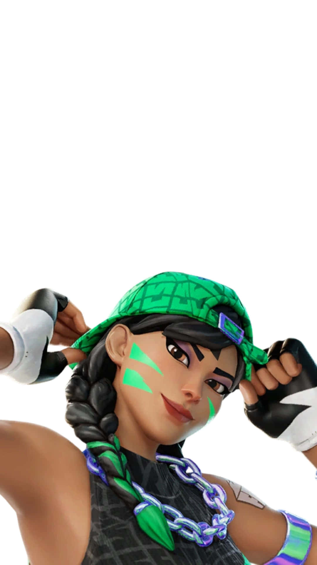  壁紙 — 一個Fortnite角色，臉上塗有綠色顏料，編著辮子，在純白背景前調整綠色帽子。