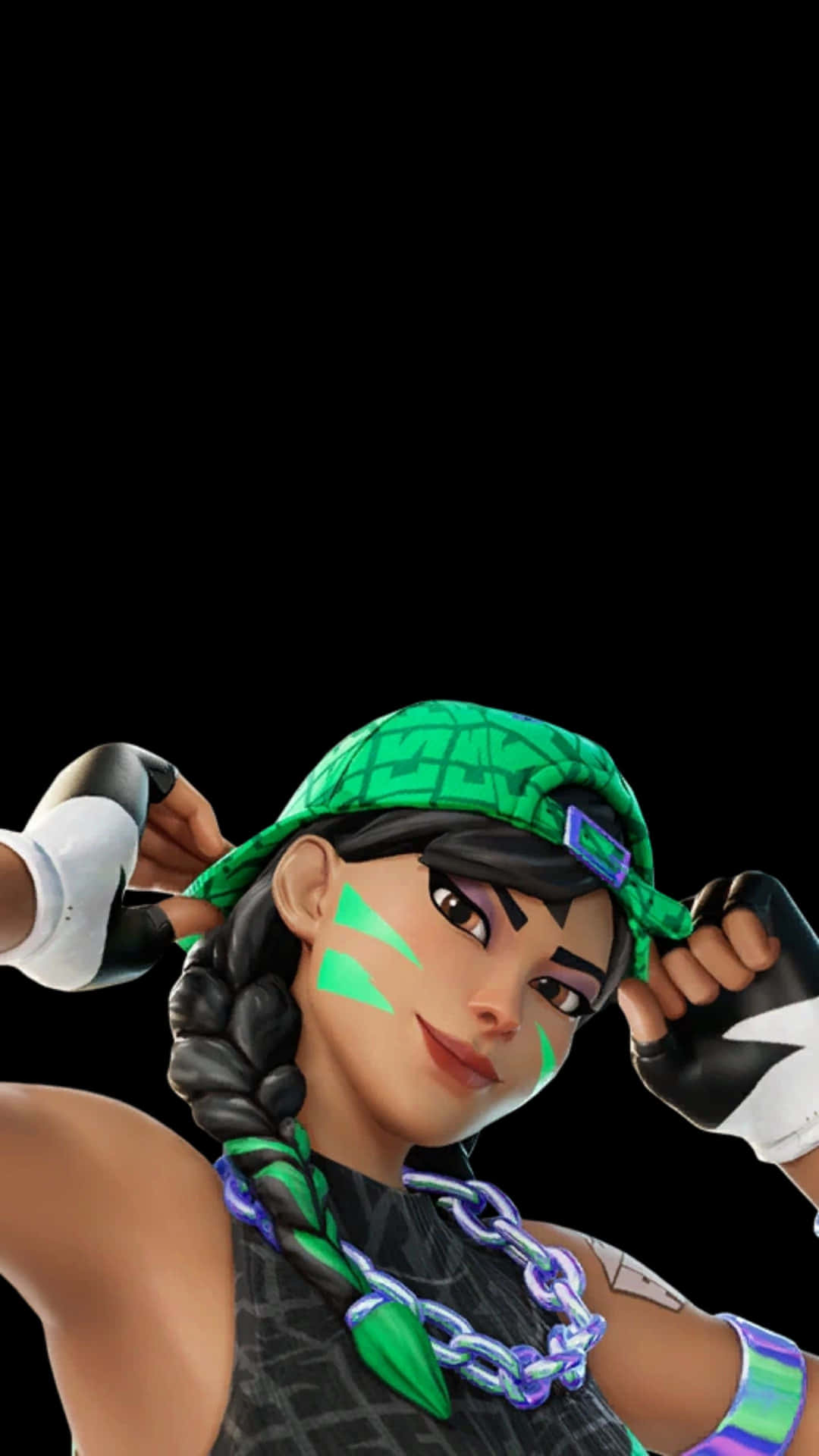  壁紙 — 一個Fortnite角色，臉上塗有綠色顏料並戴著帽子，在黑色背景前調整她的辮子頭髮。