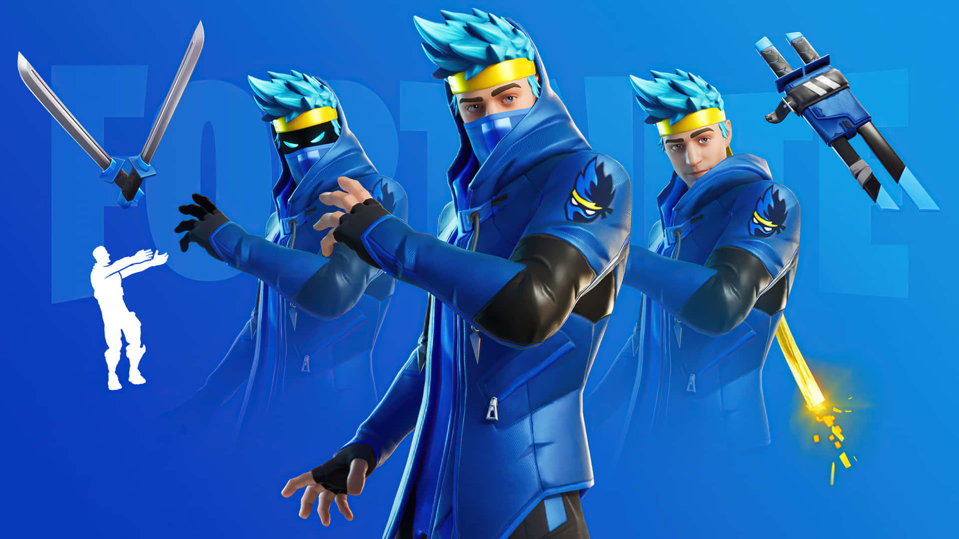 穿著藍色裝備的Fortnite忍者角色揮舞武器 — Fortnite 壁紙