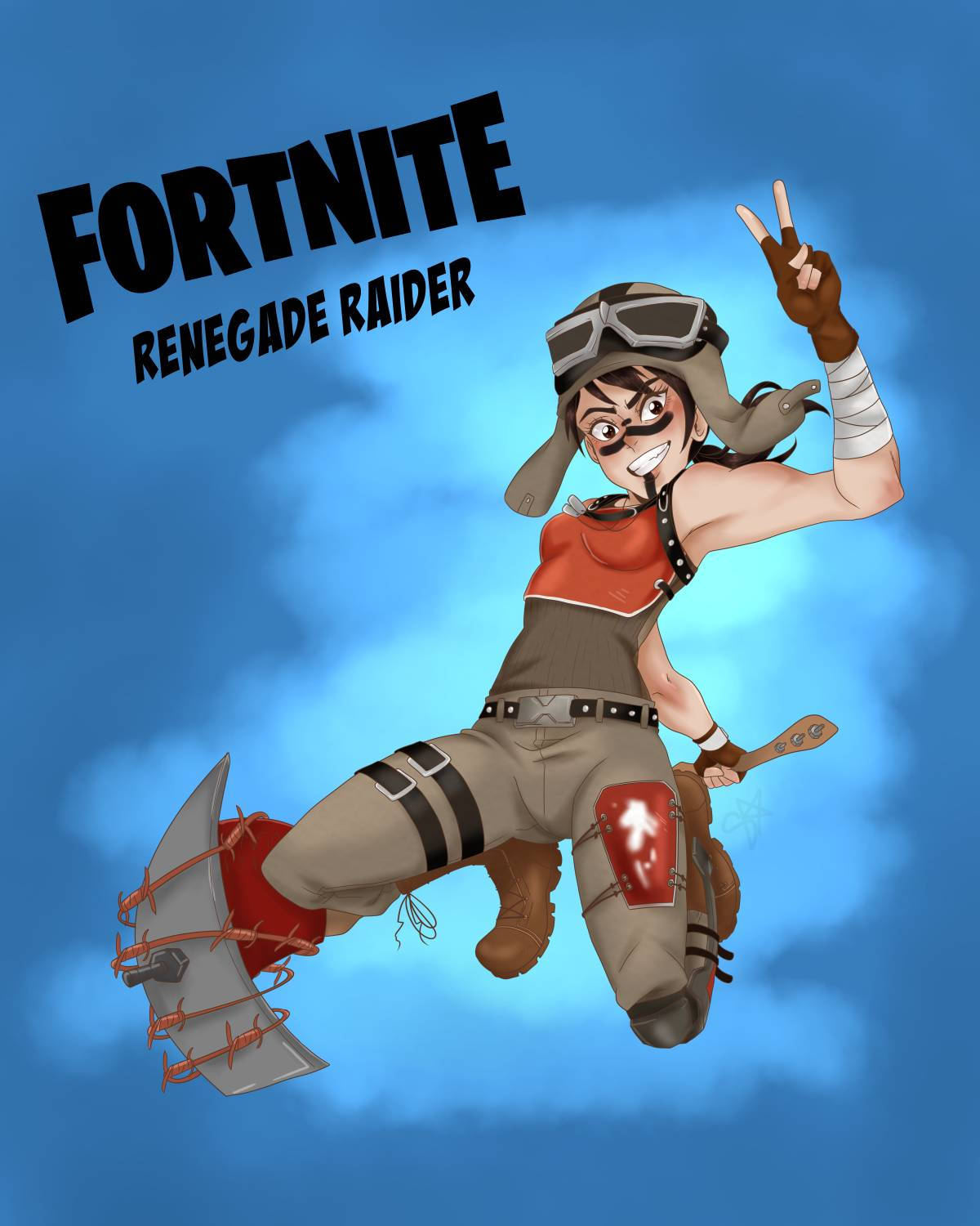 Fortnite 叛徒掠奪者角色飛翔，做出和平手勢並手持斧頭。 — Fortnite 壁紙