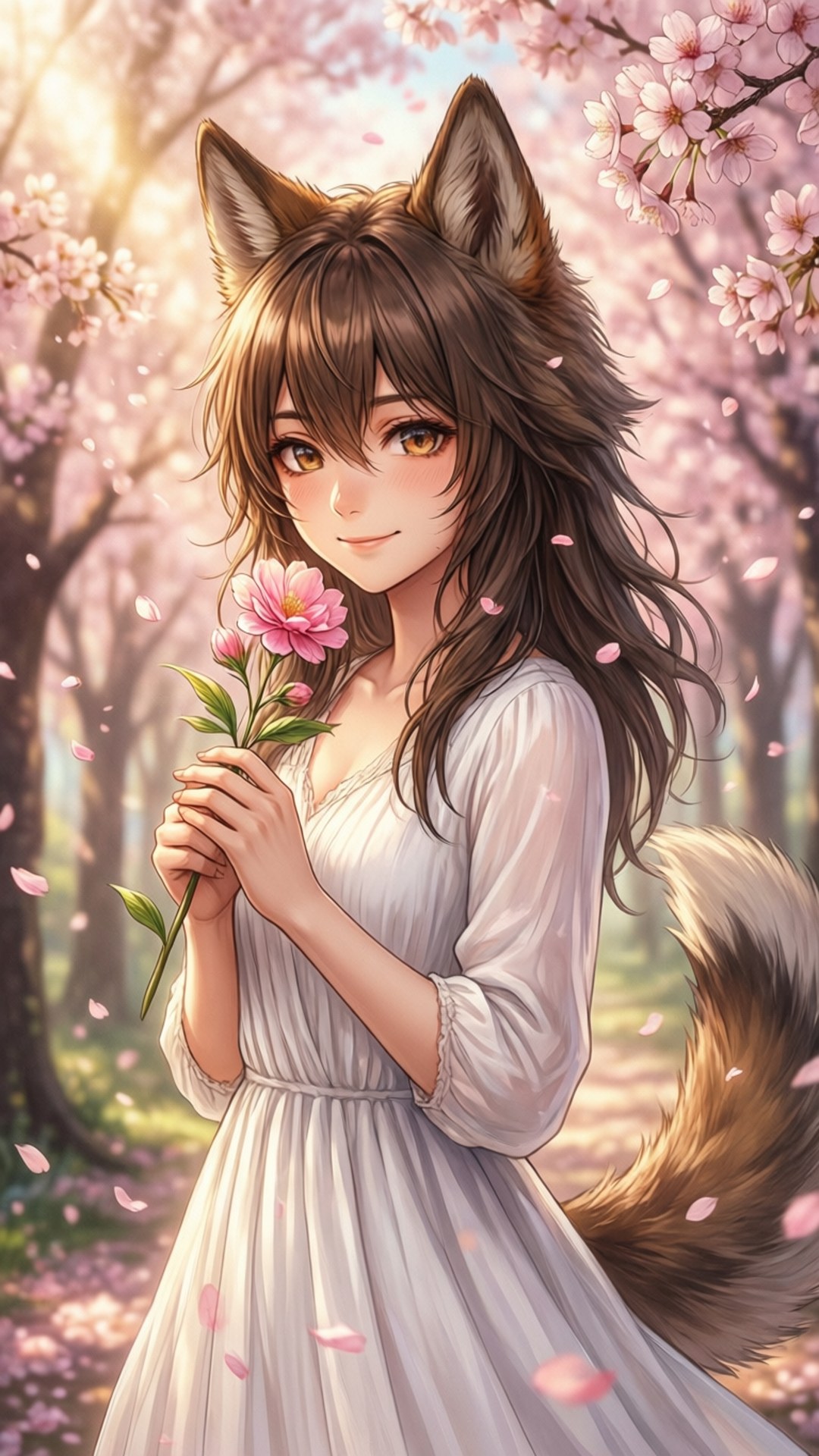 Cherry Blossom Wolf Girl 壁紙 — 一個狐狸耳女孩穿著白色連衣裙，在盛開的櫻花下拿著一朵粉紅色的花。