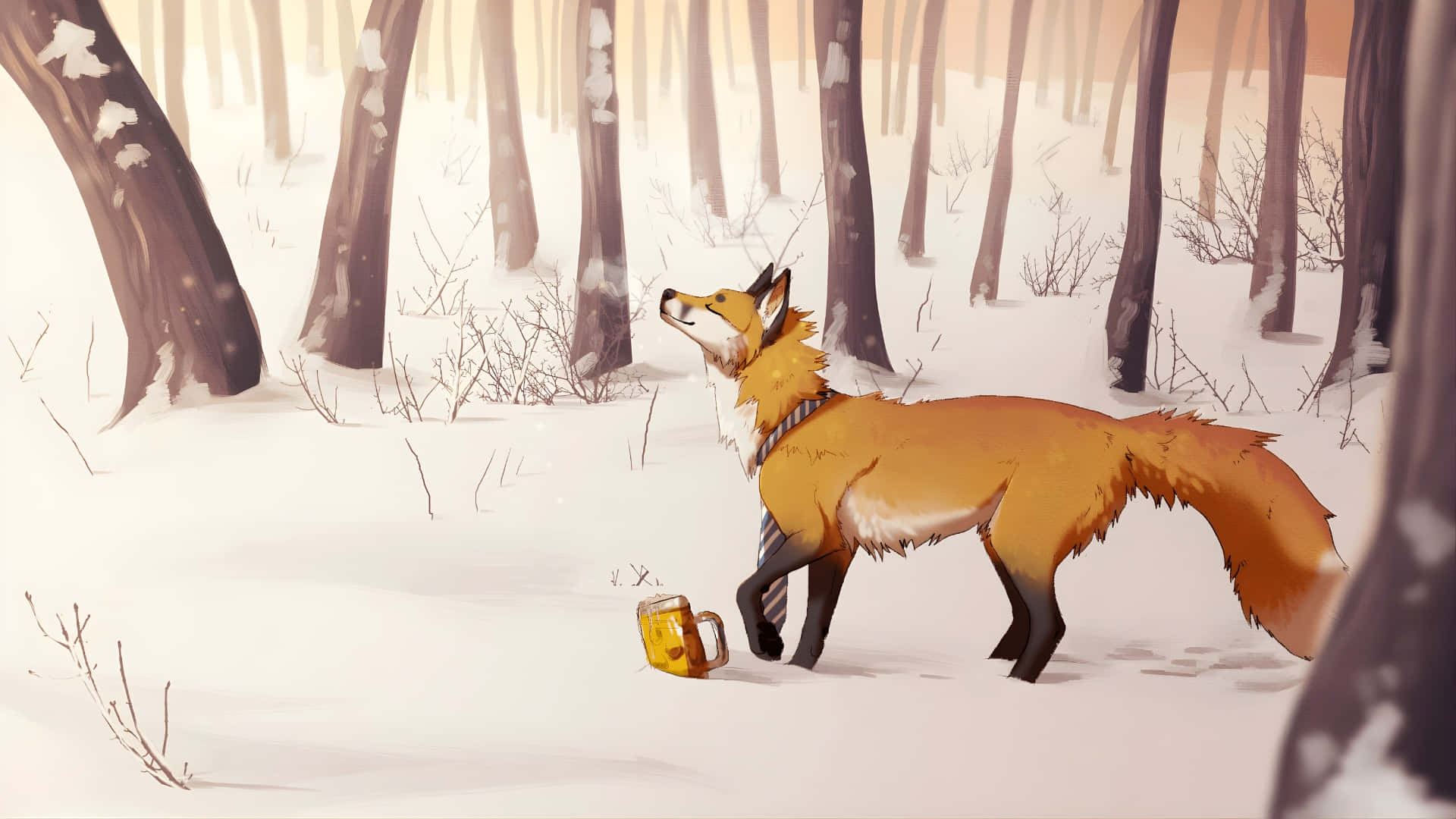  壁紙 — 一隻狐狸在雪地森林中，站在一個灑了的啤酒杯旁邊，沐浴在柔和冬日陽光下。