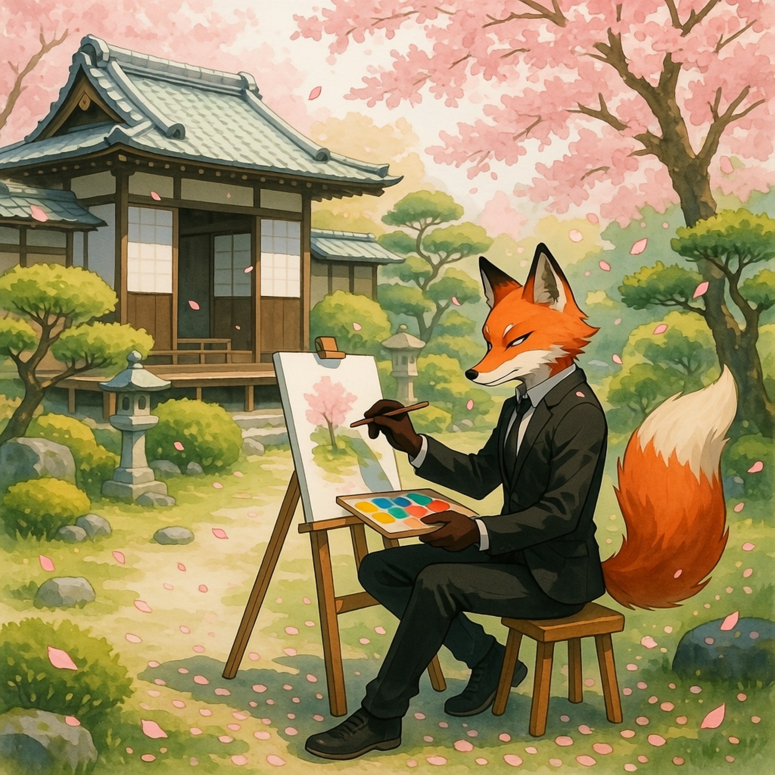 Fox's Masterpiece 壁紙 — 一隻穿著西裝的狐狸在傳統日本花園中畫櫻花，背景有一座寶塔。