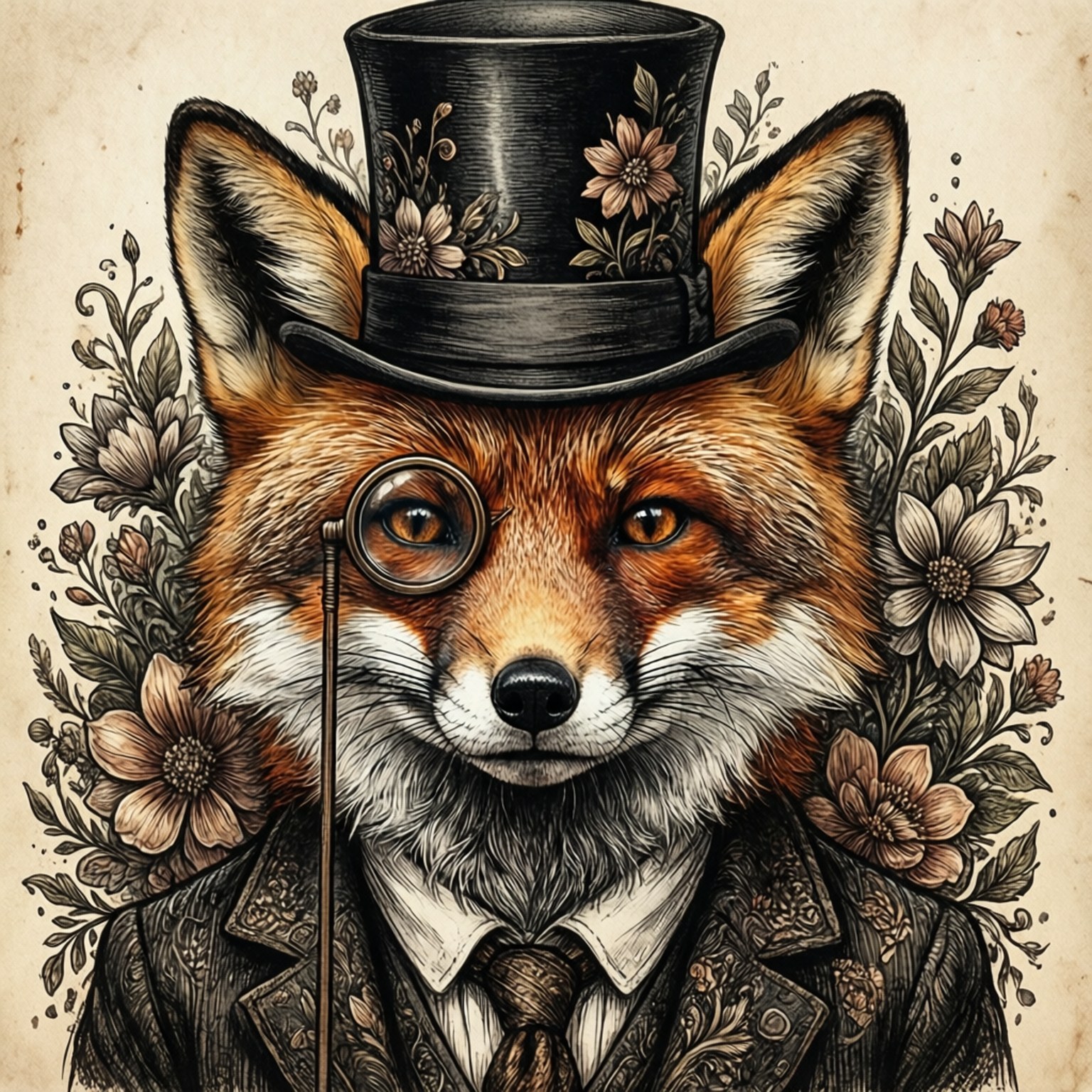 Ink Fox Gentleman 壁紙 — 一隻戴著高帽和單片眼鏡的狐狸，被花卉插圖環繞在復古羊皮紙上。
