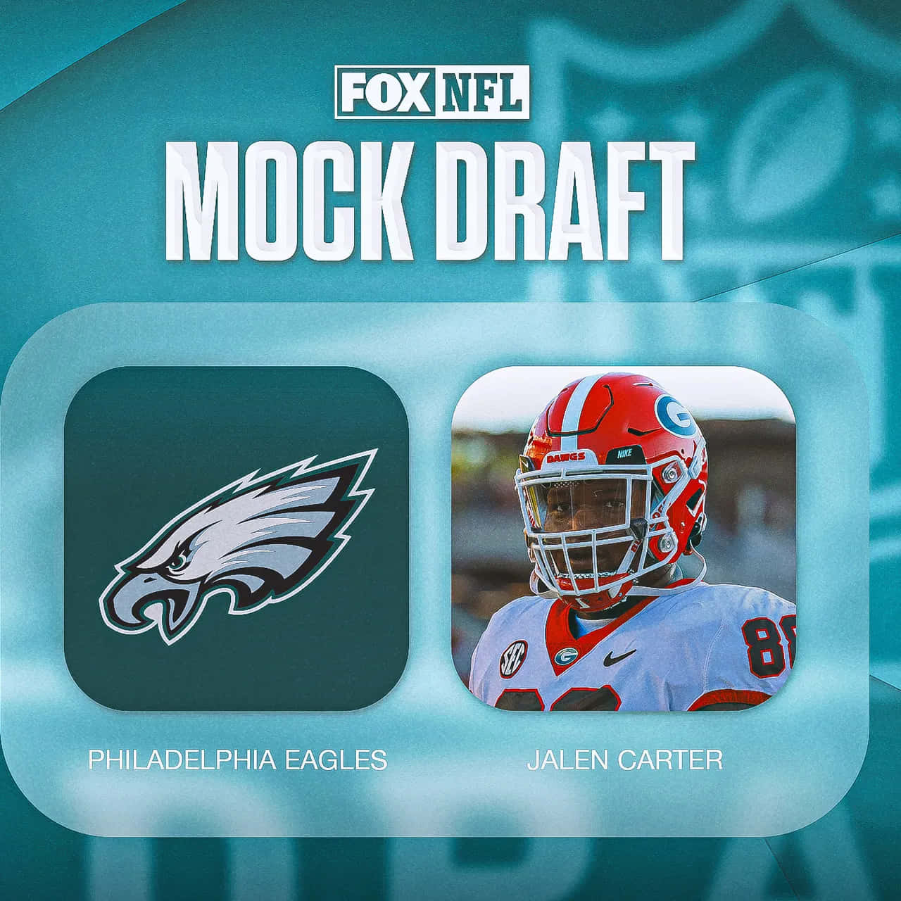  壁紙 — 一張FOX NFL模擬選秀圖，顯示費城老鷹隊標誌和身穿紅色頭盔及白色球衣的球員Jalen Carter。