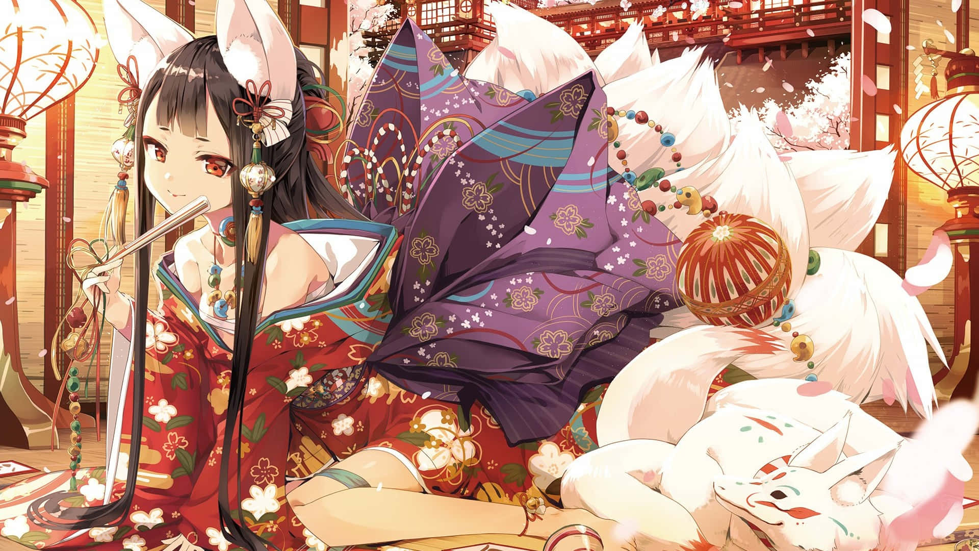  壁紙 — 一位穿著紅色花卉和服的狐仙少女，在傳統日本燈籠照亮的環境中，在一隻睡著的白狐旁邊吹奏笛子。