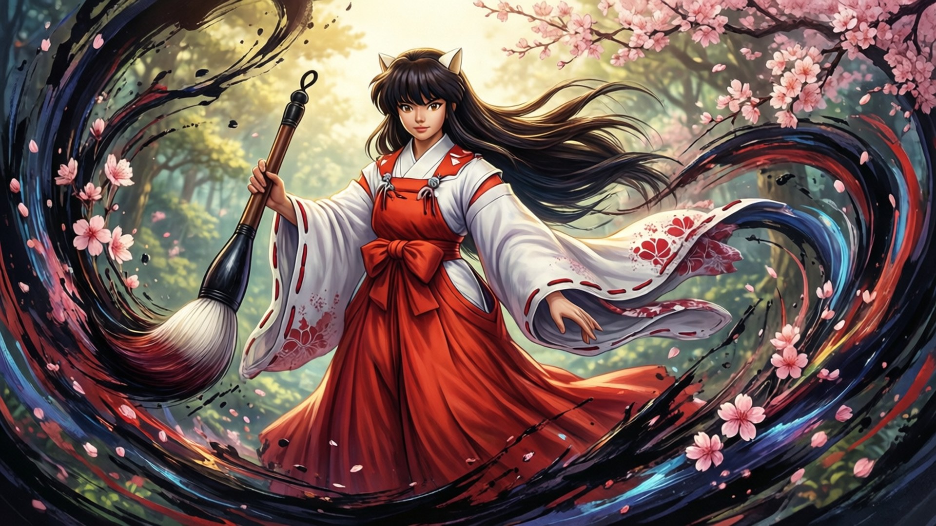 卡普空 桌布 壁紙 — 一位穿著紅白和服的狐仙少女，在森林中揮舞著巨大的毛筆，周圍是旋轉的櫻花和墨水。