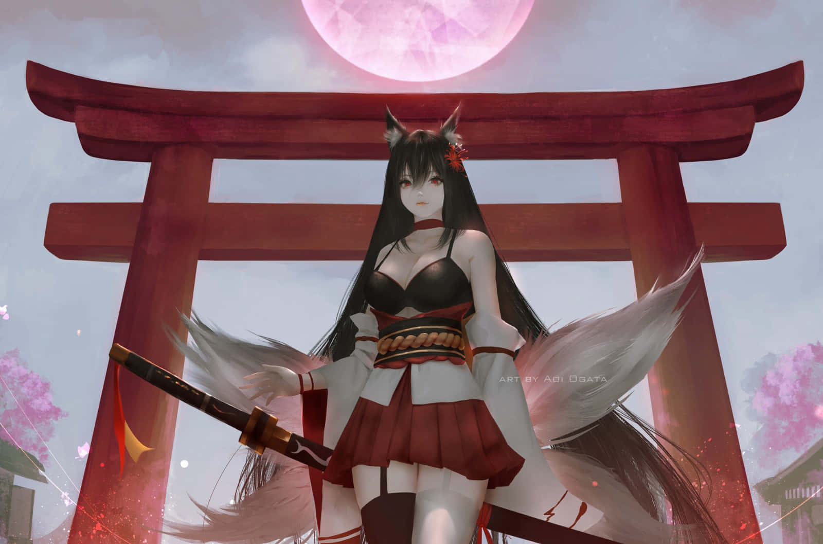  壁紙 — 一位穿著傳統日本服飾的狐妖少女站在發光的粉紅色月亮下的紅色鳥居前。
