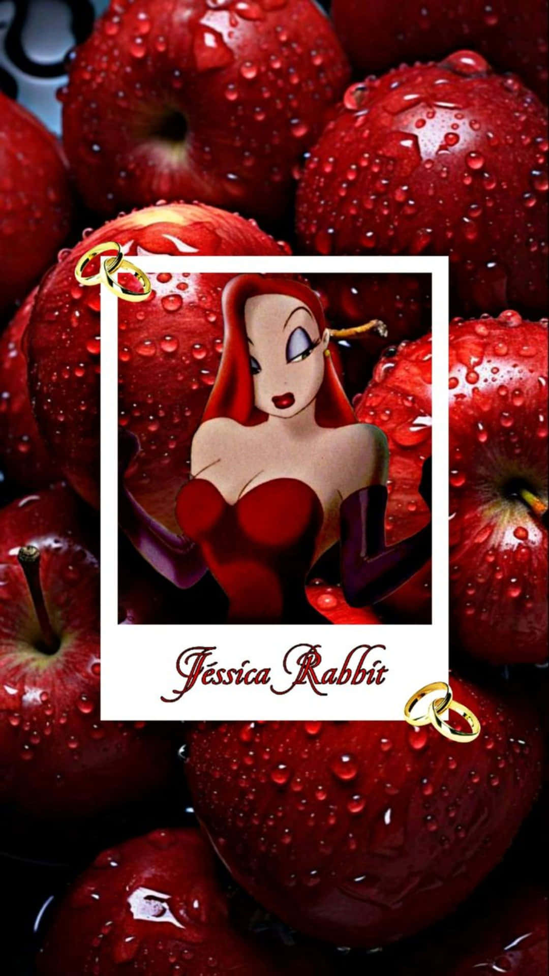  壁紙 — 一幅穿著紅色連衣裙的Jessica Rabbit裱框肖像畫，放在一床帶有水珠的光滑紅蘋果上。