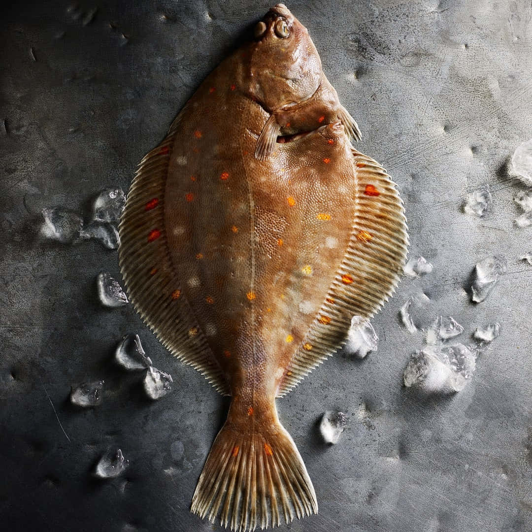  壁紙 — 一條新鮮的比目魚帶有橙色斑點，躺在碎冰上，背景是深色紋理表面。