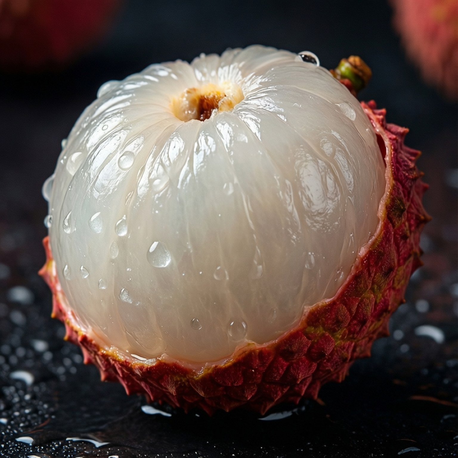 Litchi 桌布 壁紙 — 一顆新鮮剝皮的荔枝，露出半透明的白色果肉，在深色背景上閃爍著水珠。