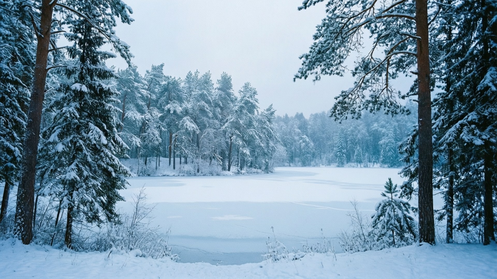 Frozen Peace 壁紙 — 在蒼白的冬日天空下，一個被積雪覆蓋的松樹環繞的冰凍湖泊。