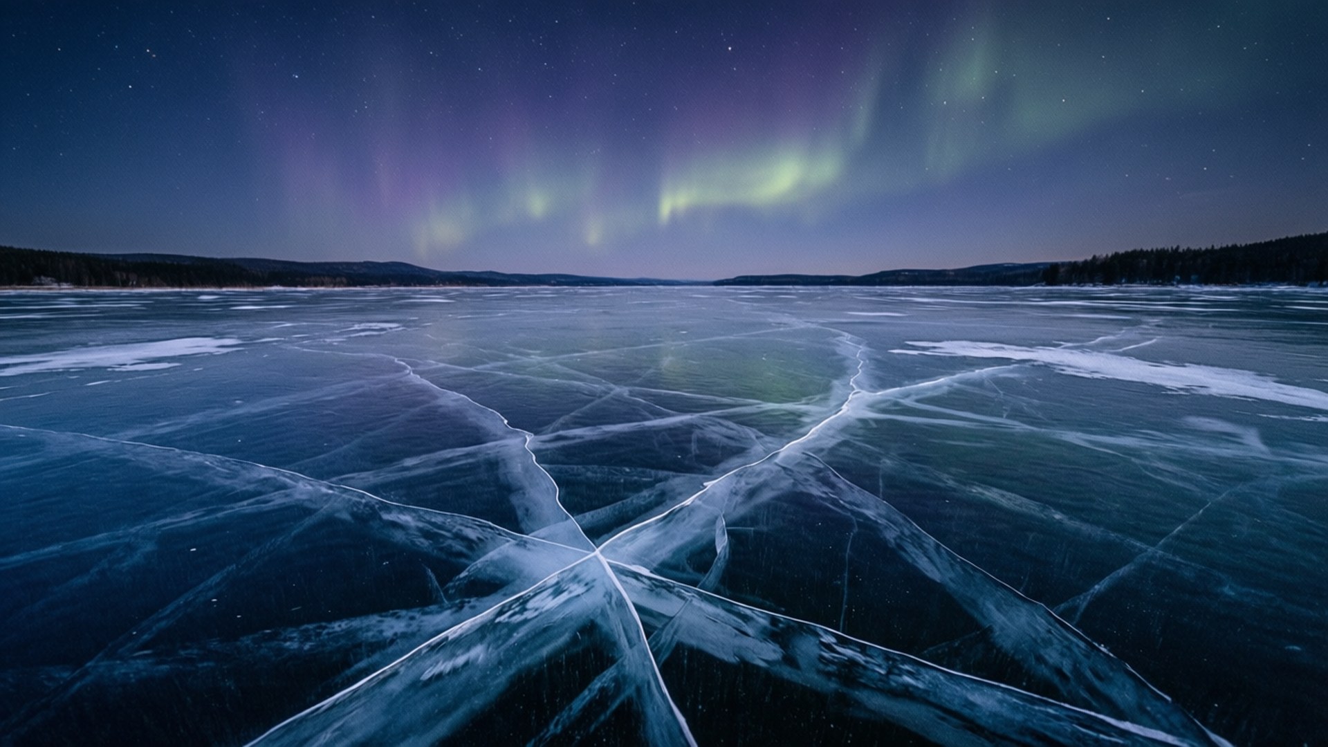 Frozen Lake Aurora 壁紙 — 冰凍的湖面，星空下，鮮豔的綠色和紫色極光在上方舞動。