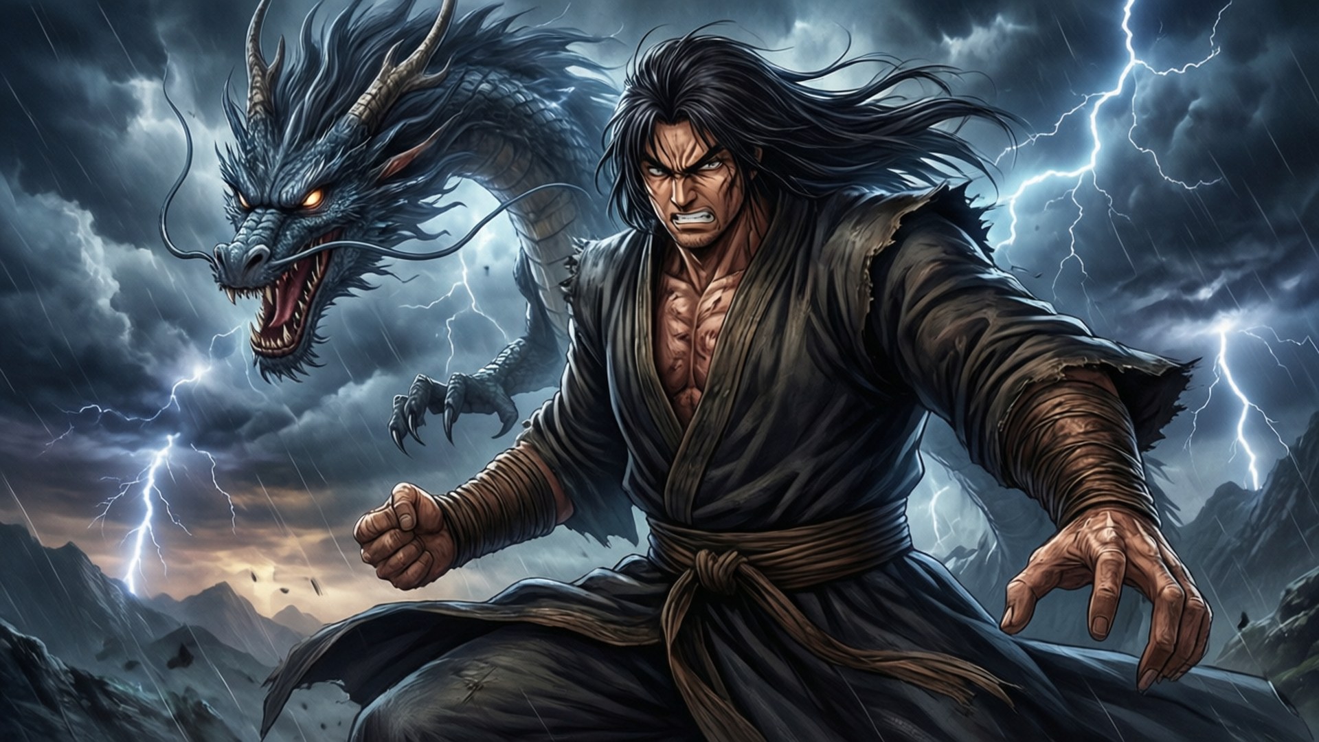 Dante's Storm 壁紙 — 一個憤怒的戰士穿著破爛的長袍，在雷電交加的暴風雨天空下，面對著一隻咆哮的藍色巨龍。