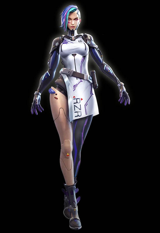 身穿白色和紫色盔甲、帶有發光細節的未來女性戰士。 — Free Fire 壁紙