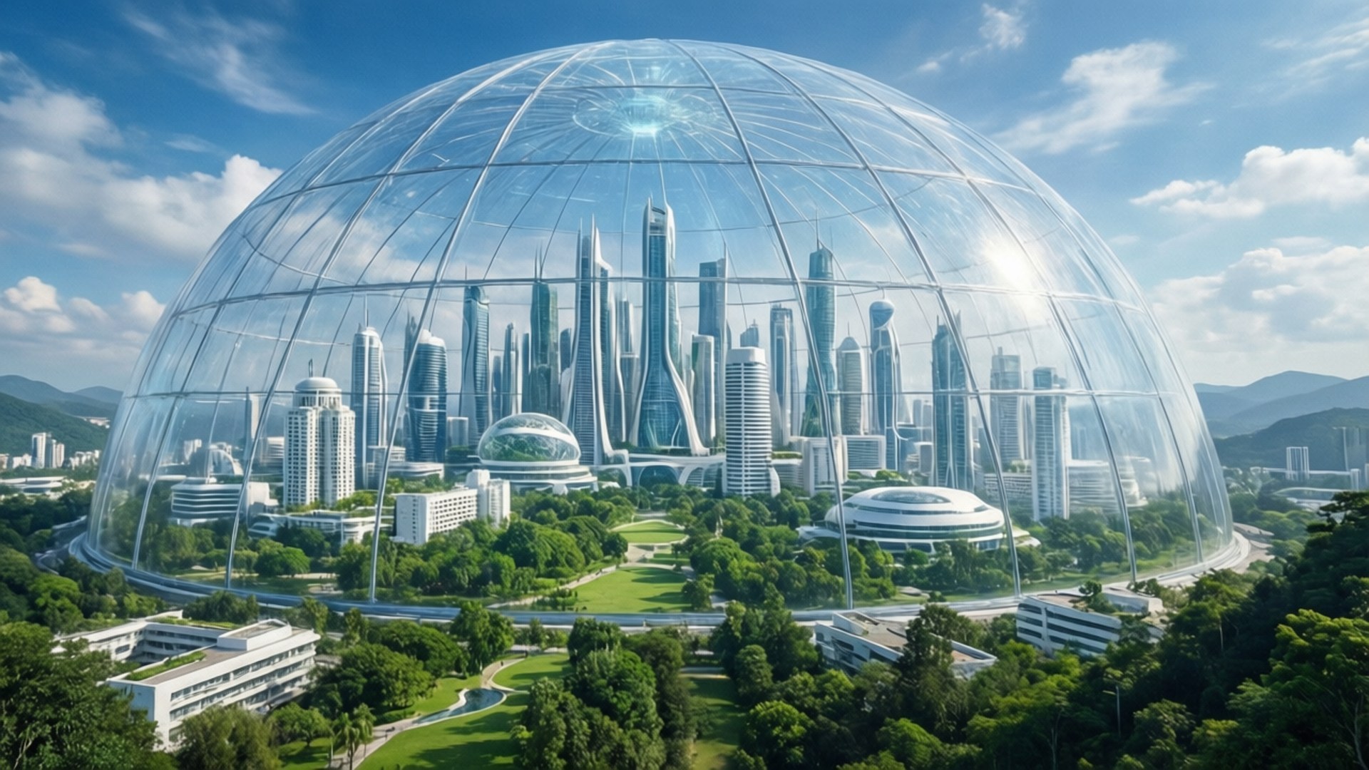Utopian Dome City 壁紙 — 一個未來風格的玻璃穹頂保護著一個時尚的城市景觀，內有高聳的摩天大樓和鬱鬱蔥蔥的綠色公園，在明亮的藍天下。