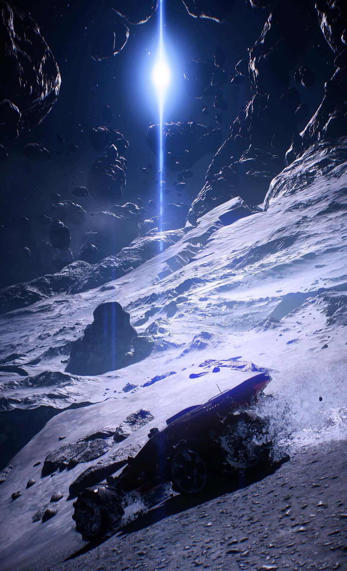 Mass Effect Trilogy 桌布 壁紙 — 一架未來車輛停泊在積雪的外星山上，一道耀眼垂直光束穿過浮石照射下來。