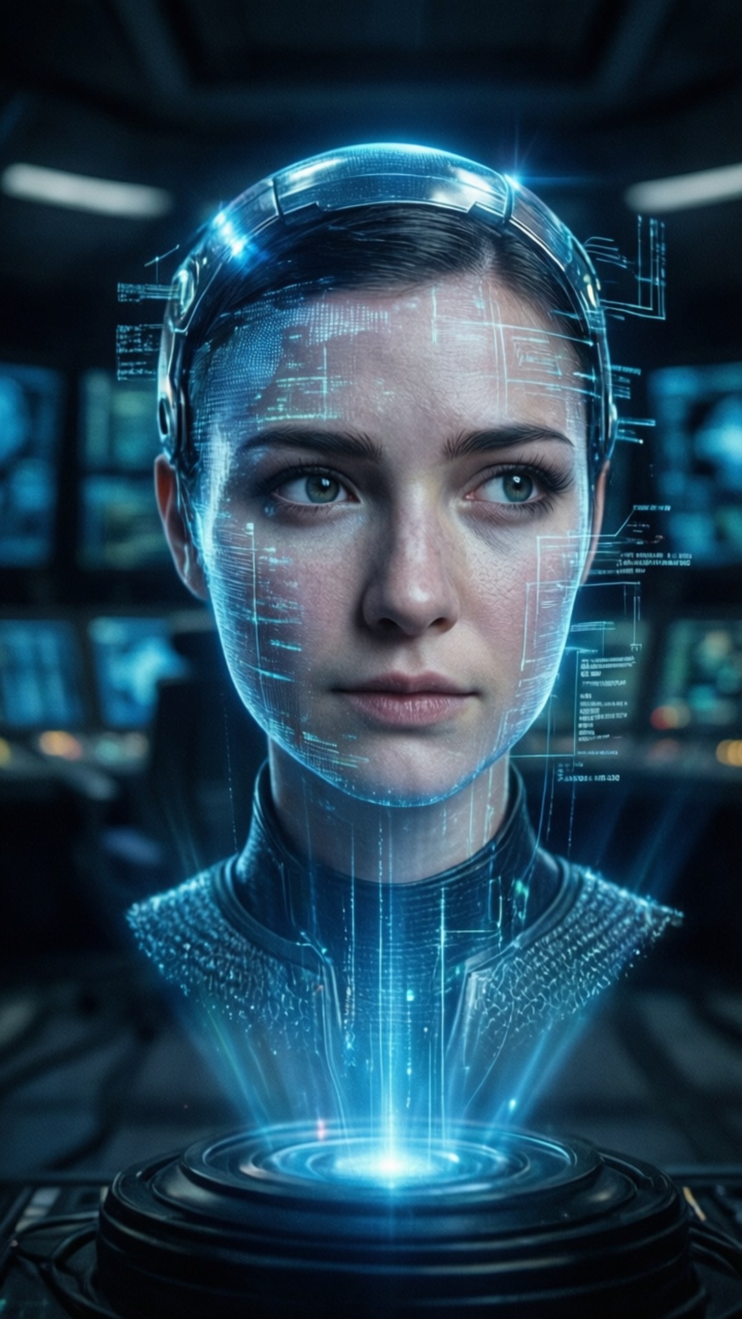 Cortana's Presence 壁紙 — 一位未來主義女性，臉上覆蓋著發光的藍色數據流，下方基座散發出全息界面。